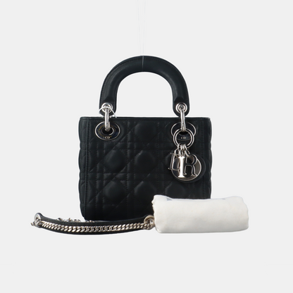 Lady Dior Mini Black Nubuck Aged Lambskin Leather handbag with silver hardware Chain Strap