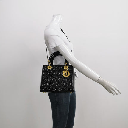 Sold Lady Dior Medium Black Patent Leather Handbag with Gold Hardware