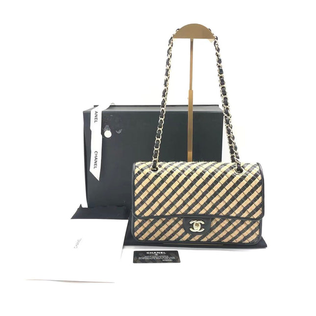 Chanel Medium Raffia Jute Striped Flap Bag Black Diamond Wild Stitch