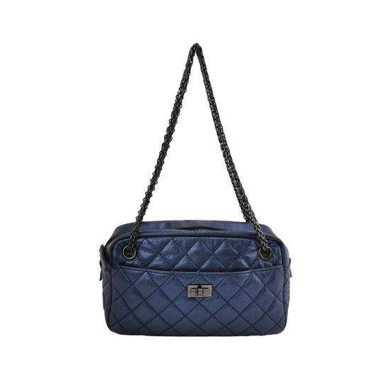 Chanel 2008 Metallic Aged Calfskin Quilted Small 2.55 Mademoiselle Camera Case Bag Blue-Luxbags