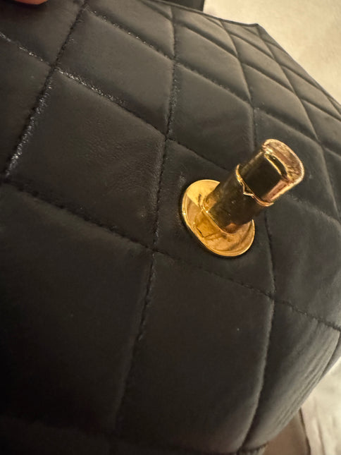 Chanel Medium Double Sided Top Handle Flap Bag Black Lambskin Leather 24k Gold Hardware