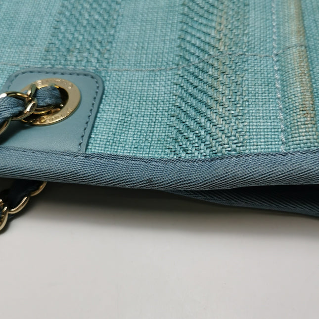 Chanel Deauville Tote Light Blue Turquoise Stripes Cloth Leather Chain Handle Small 34cm
