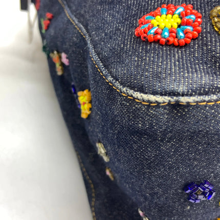 FENDI Mamma Baguette Blue Denim with Floral Beads Vintage