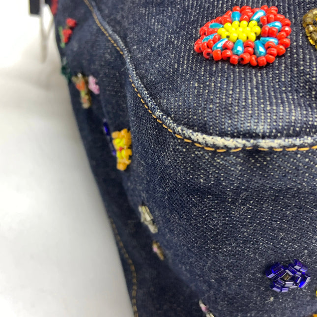 FENDI Mamma Baguette Blue Denim with Floral Beads Vintage