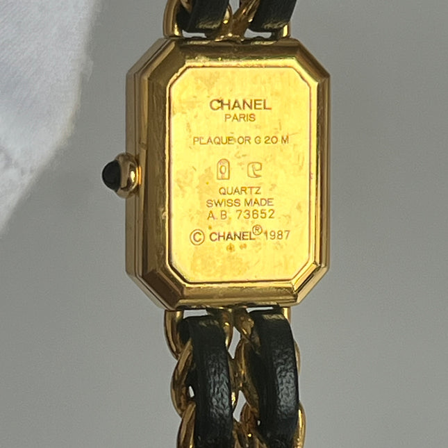 CHANEL 1987 Vintage PREMIERE Watch L Black Leather and 24KT Yellow Gold Plated