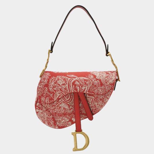 Christian Dior Saddle Medium Red Canvas Animal Prints Tiger Snake Monkey-Luxbags