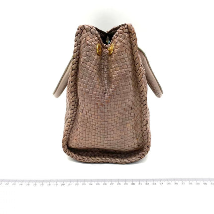 Prada Madras Brown Woven Leather Top Handle Shopping Tote Medium