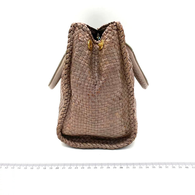 Prada Madras Brown Woven Leather Top Handle Shopping Tote Medium