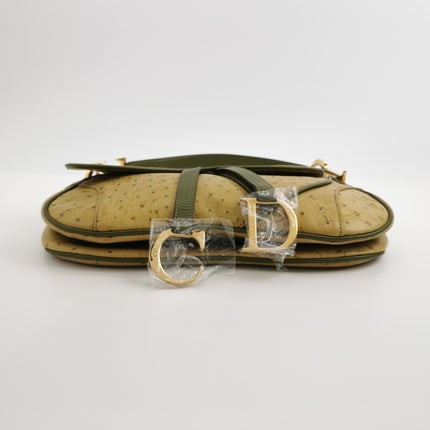 Dior Vintage Double Saddle Green Ostrich Leather Gold Hardware