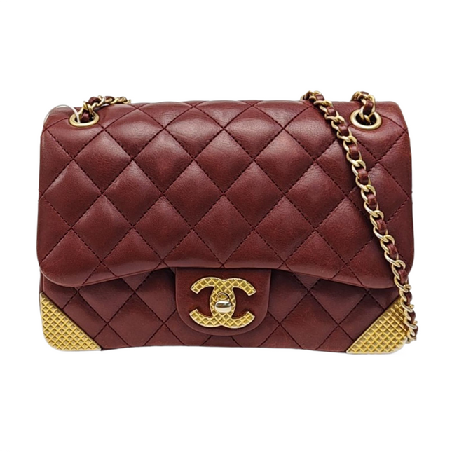 Chanel Rock The Corner Mini Flap Bag Burgundy Calfskin Leather Gold Hardware Corners 2017-18-Luxbags