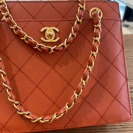 Chanel Vintage Small Matelasse Orange Caviar Leather Top Handle Bag