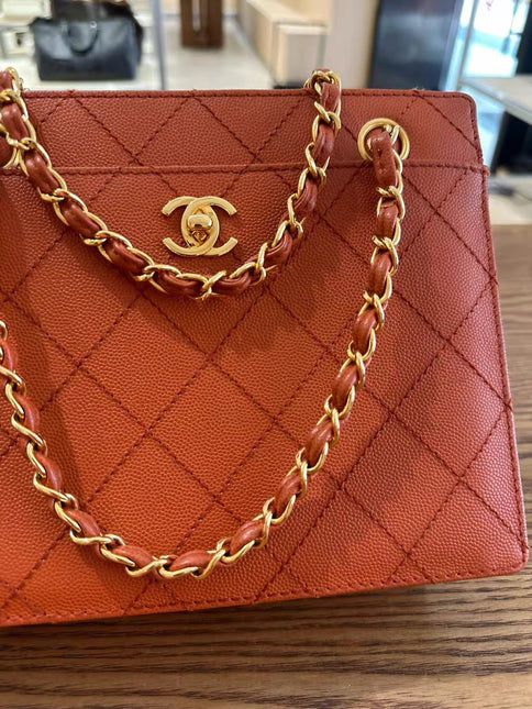 Chanel Vintage Small Matelasse Orange Caviar Leather Top Handle Bag