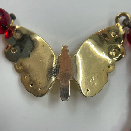 Ferragamo Vintage Rare Red Ruby Beads Necklace Gold Plated Butterfly Signed
