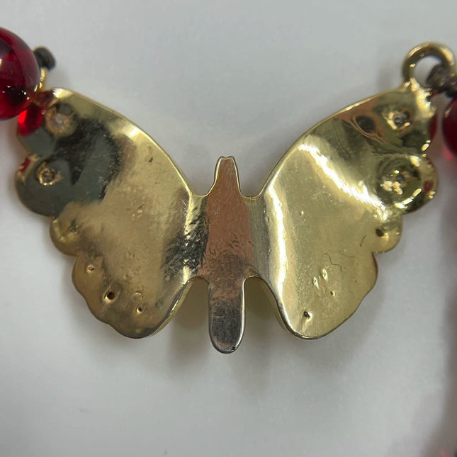 Ferragamo Vintage Rare Red Ruby Beads Necklace Gold Plated Butterfly Signed