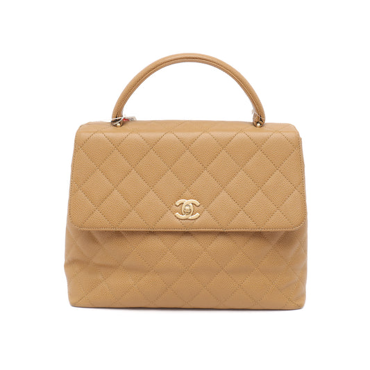 Chanel Vintage Top Handle Kelly Beige Flap Bag Caviar Leather 24k Gold Plated Hardware, 2000