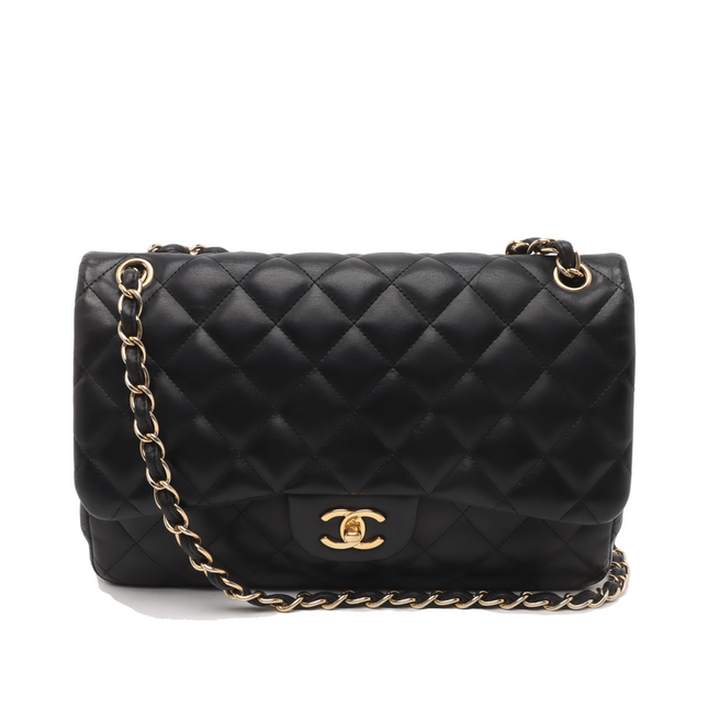 Chanel Classic Flap Jumbo Black Lambskin Leather Double Flap Gold Hardware, 2010-2011-Luxbags