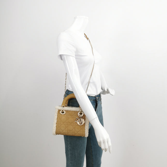 Lady Dior Mini Handbag Brown Leather Shearling Gold Hardware