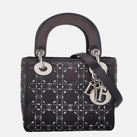 Lady Dior Mini Black Silk with Crystals Silver Hardware-Luxbags