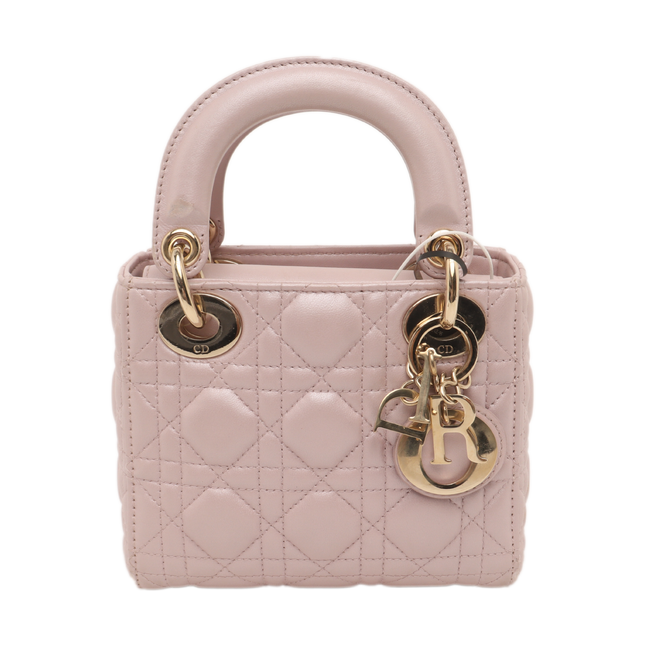 Lady Dior Mini Pearlescent Pink Lambskin Leather Gold HW Chain Strap