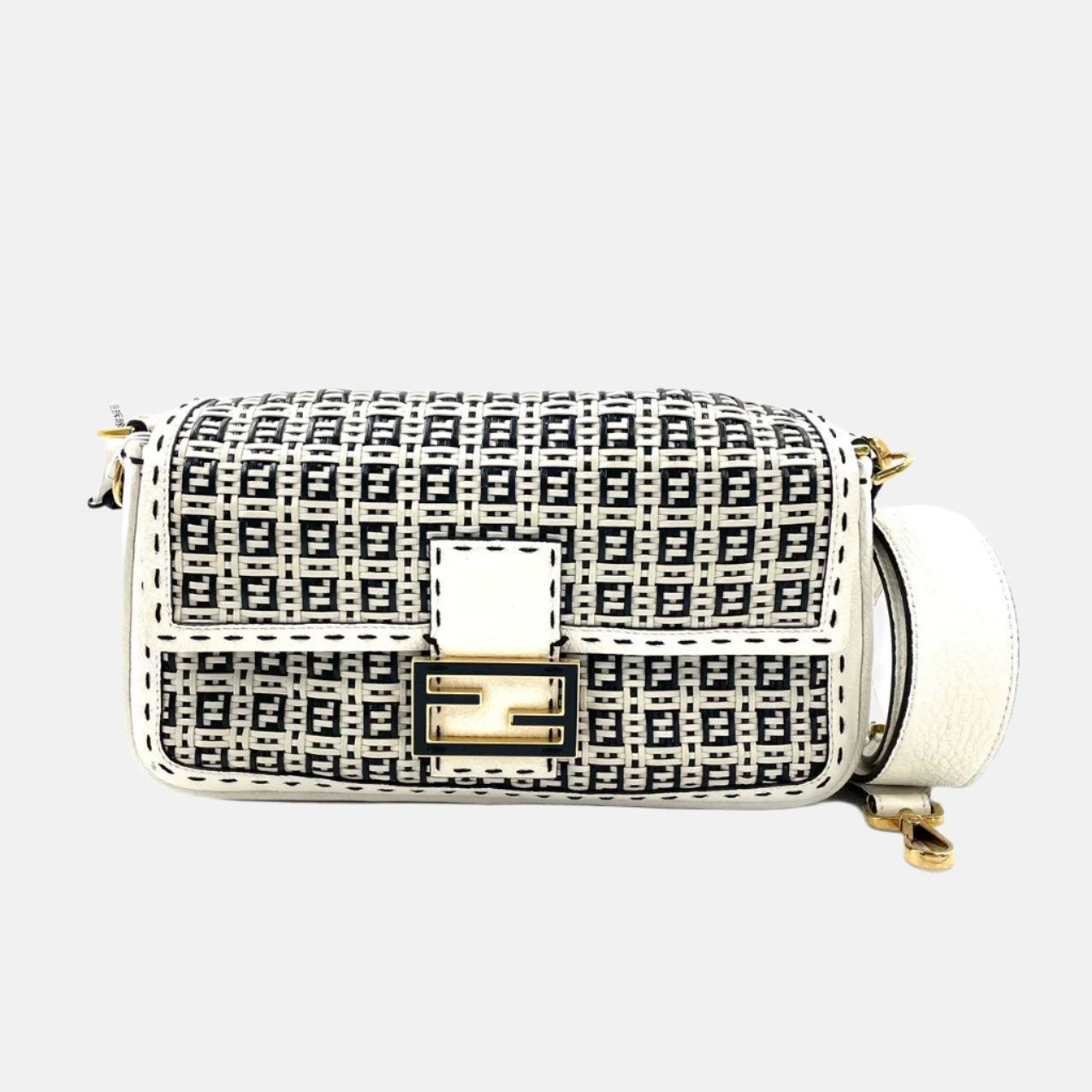 Fendi Baguette Calfskin Leather Weave Black and White Crossbody Bag-Luxbags