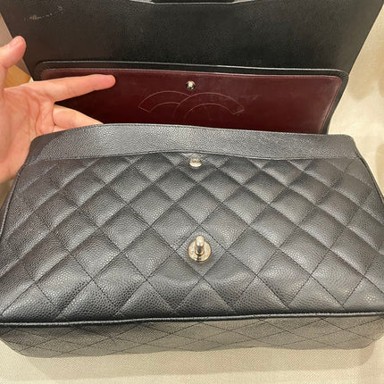 Chanel Classic Flap Maxi Black Caviar Leather Double Flap Sliver Hardware