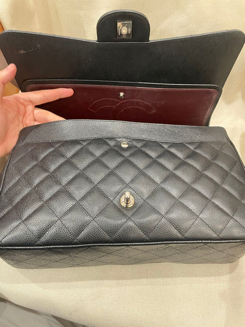 Chanel Classic Flap Maxi Black Caviar Leather Double Flap Sliver Hardware