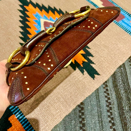 Gucci Horsebit 1955 Chain Vintage Shoulder Bag Brown Studded Suede Leather