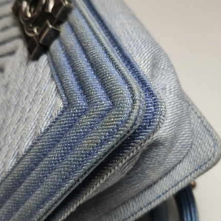 Chanel Le Boy Small Denim Blue Jeans Chevron Stitching Silver Hardware