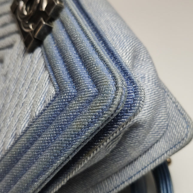 Chanel Le Boy Small Denim Blue Jeans Chevron Stitching Silver Hardware