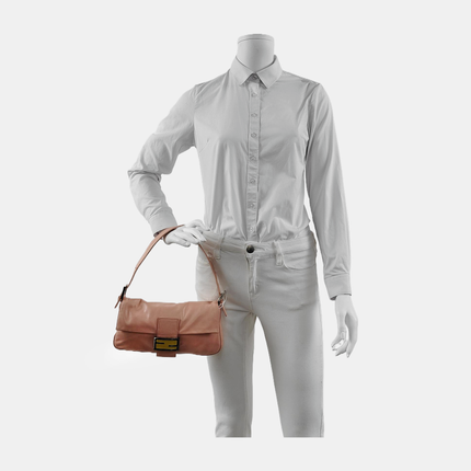 FENDI Baguette Vintage Pink Lambskin Leather Shoulder Bag Silver Hardware