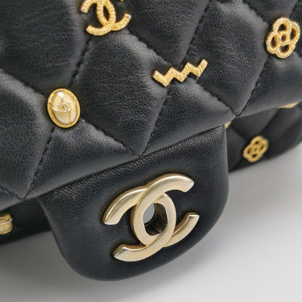 Chanel Classic Flap Mini Egyptian Amulet Black Lambskin Leather Gold Hardware