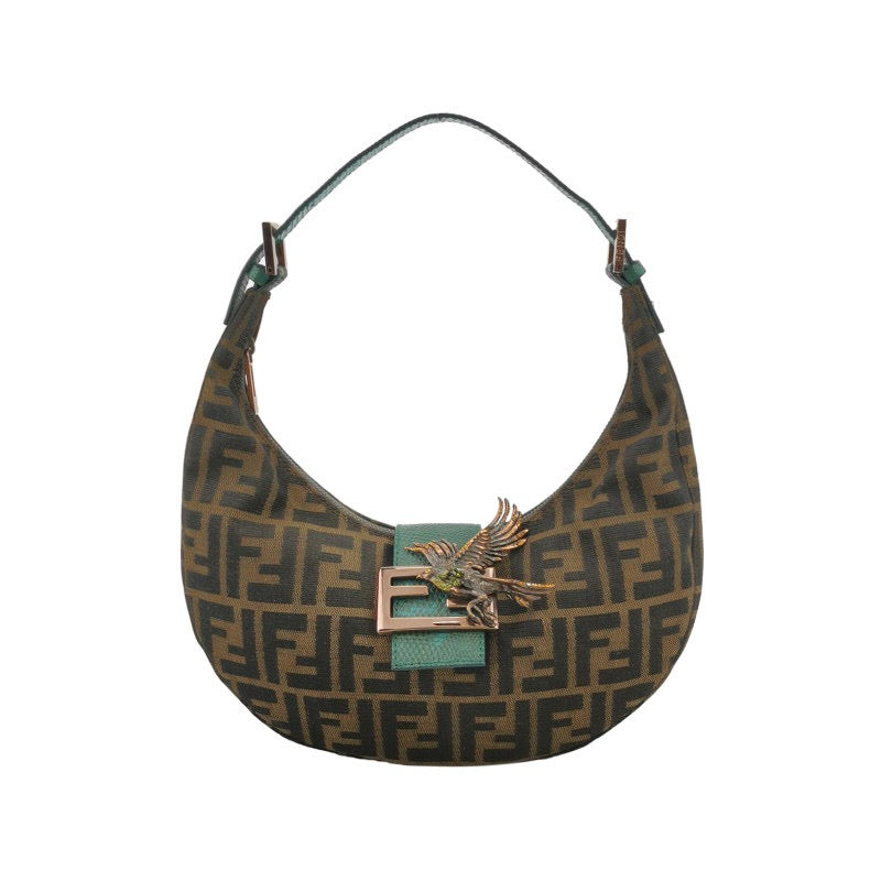 Fendi Croissant Shoulder Bag Medium Zucca Monogram Canvas Lizard-skin Strap Bird Brooch-Luxbags