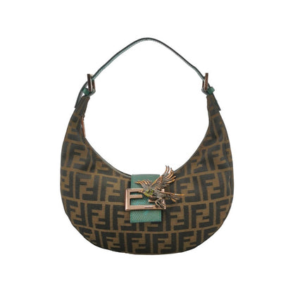 Fendi Croissant Shoulder Bag Medium Zucca Monogram Canvas Lizard-skin Strap Bird Brooch-Luxbags