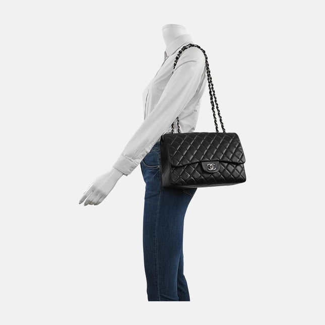 Chanel Classic Flap Jumbo Black Lambskin Leather Single Flap with Silver Hardware