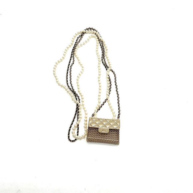 Chanel Micro Flap Bag Charm Chain Long Necklace with Matelasse and Pearl Chain 102cm
