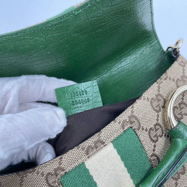 Sold Iconic Gucci Horsebit 1955 Chain Cloth Gucci Monogram Green Leather and Gold Studs