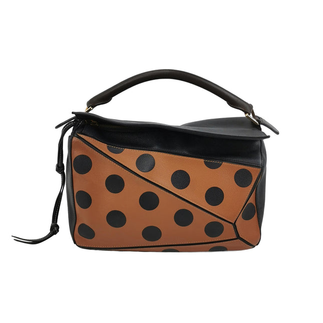 Loewe Puzzle Medium Polka Dots Brown Black Leather-Luxbags
