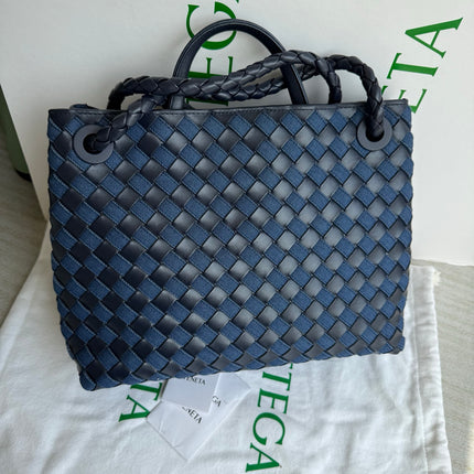 Bottega Veneta Andiamo Medium Navy Leather and Denim Intrecciato Leather Handbag