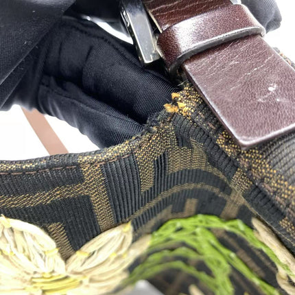 Fendi Baguette Zucca Monogram with Straw Floral Embroidery