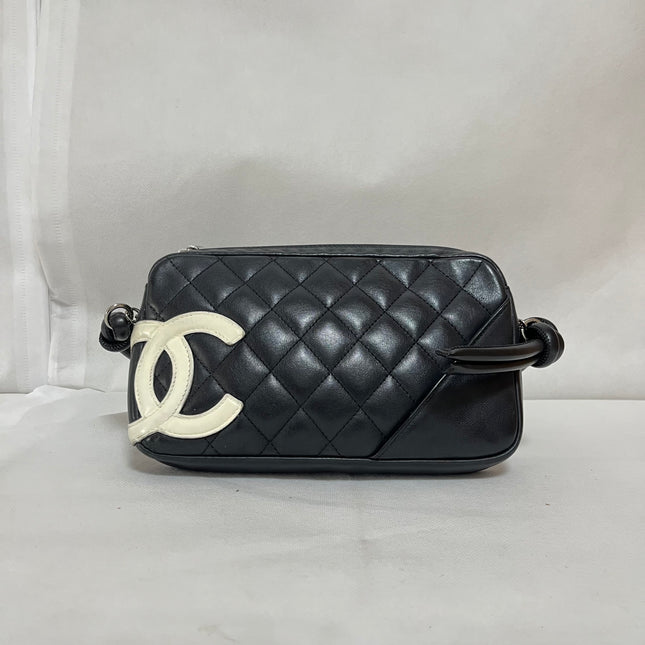 Chanel Cambon Clutch Black Leather White Logo-Luxbags