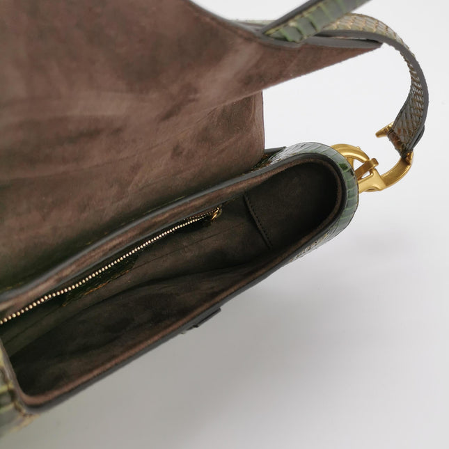 Dior Saddle Medium Green and Brown Snake-Skin Leather Bag