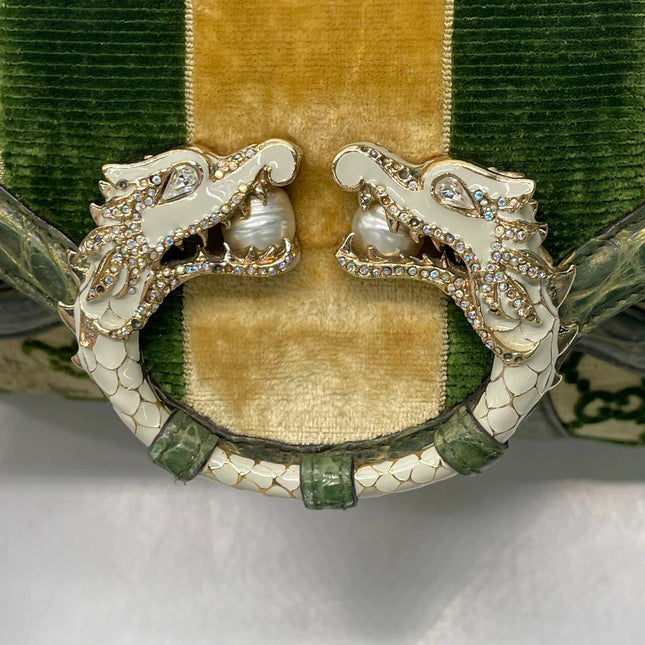 Gucci Jeweled Dragon Bag Green Crocodile and GG Velvet Bamboo Chain Strap Shoulder Bag