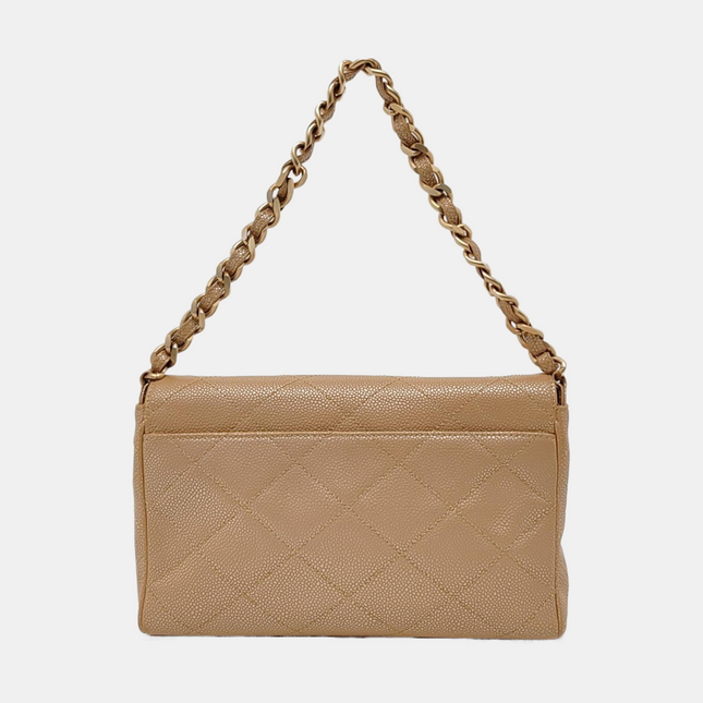 Chanel Vintage Beige Caviar Leather Shoulder Bag Gold Hardware