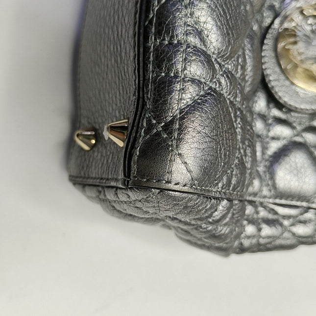 Lady Dior Small Supple Calfskin Leather Metallic Grey Cannage Handbag with Strap