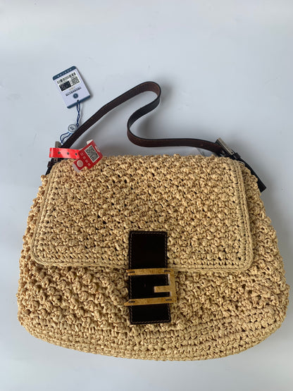 Fendi Mamma Baguette Raffia Crochet Shoulder Bag with Flower