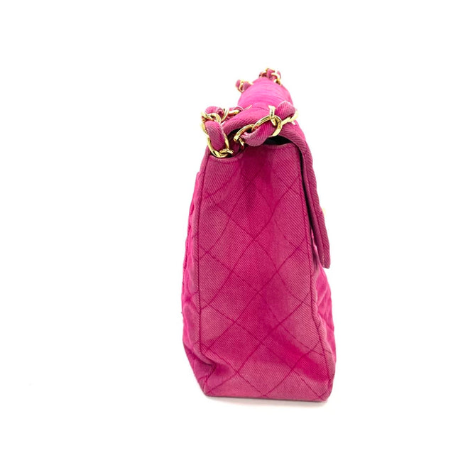 Chanel RARE Vintage Classic Maxi 34 Flap Hot Pink Denim Giant CC 24 Gold Hardware