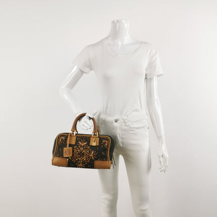 Loewe Amazona 28 Denim Beaded Embroidery Brown Leather Handbag