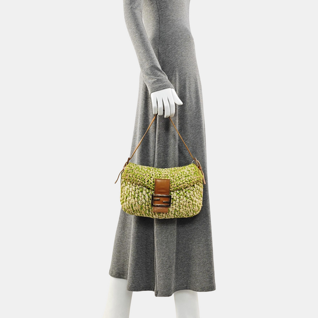 Fendi Baguette Raffia Straw Green Shoulder Bag