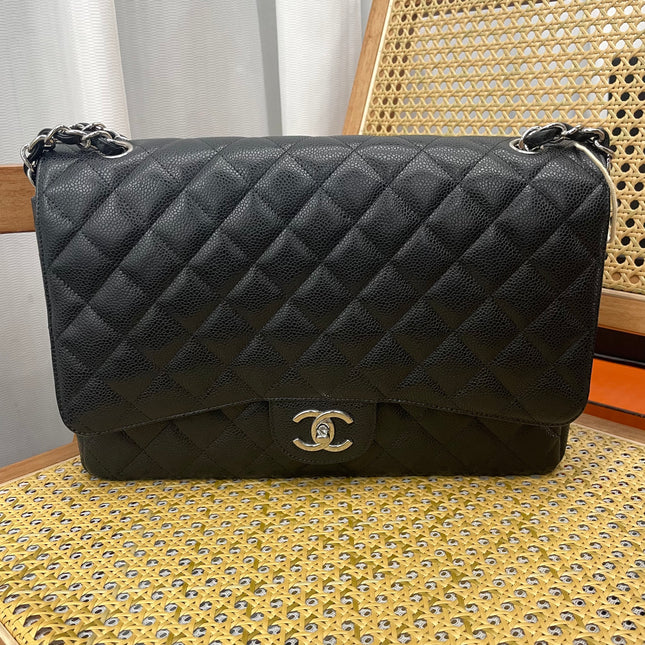 Chanel Classic Flap Maxi Black Caviar Leather Double Flap Sliver Hardware 2011-12