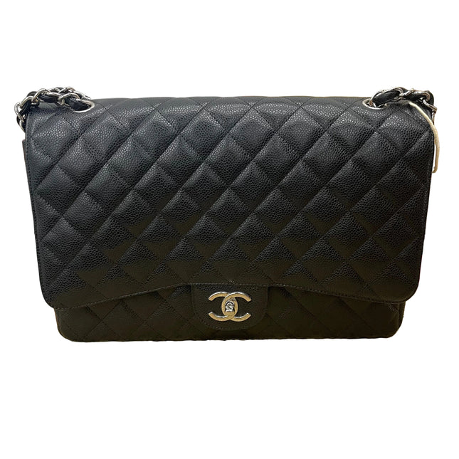 Chanel Classic Flap Maxi Black Caviar Leather Double Flap Sliver Hardware 2011-12-Luxbags